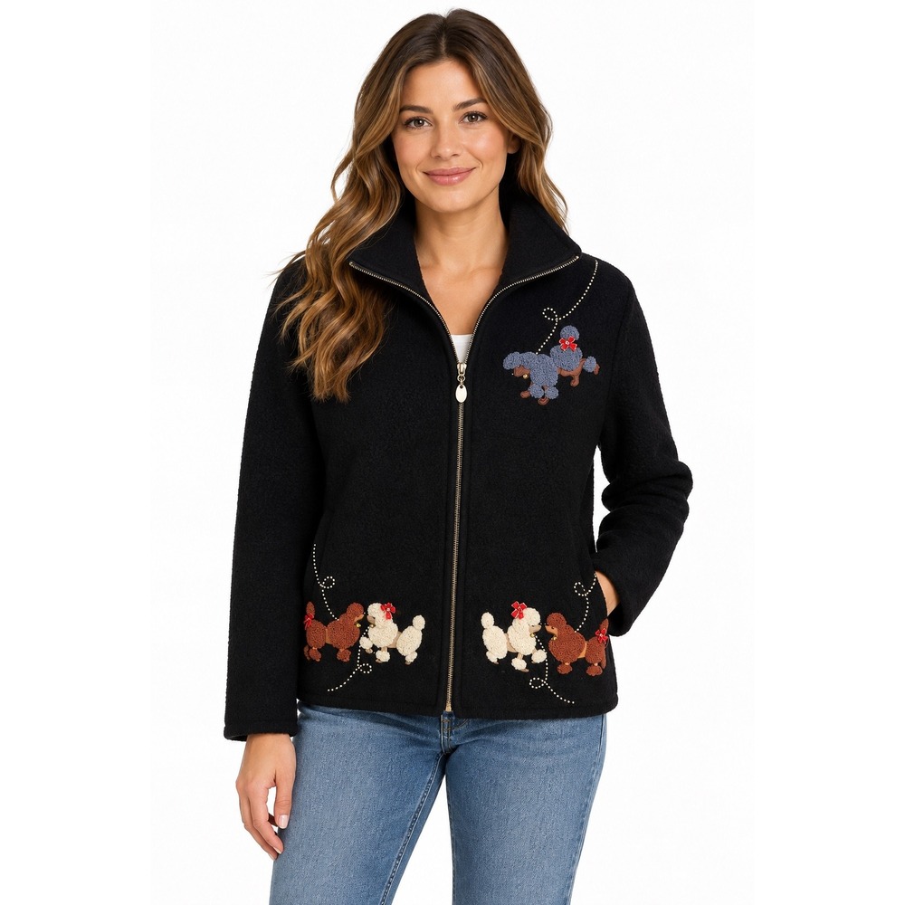 Lisa International Vintage Boiled Wool Poodle Dogs Jacket Black Zip Up Large